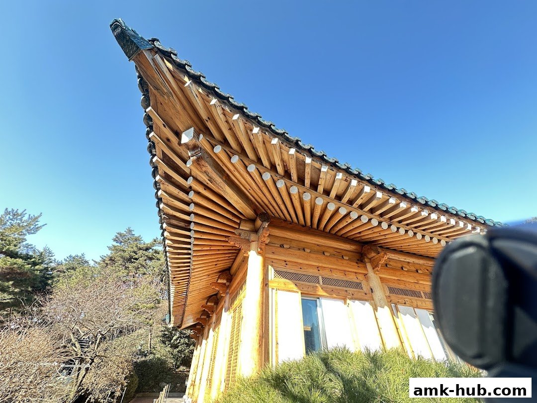 A traditional wooden building with a distinctive curved roof and dragon head ornament.