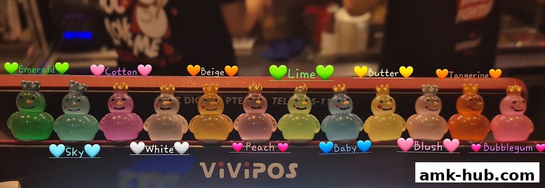 A row of colorful, crowned snowman figurines with names like Emerald, Cotton, and Sky.