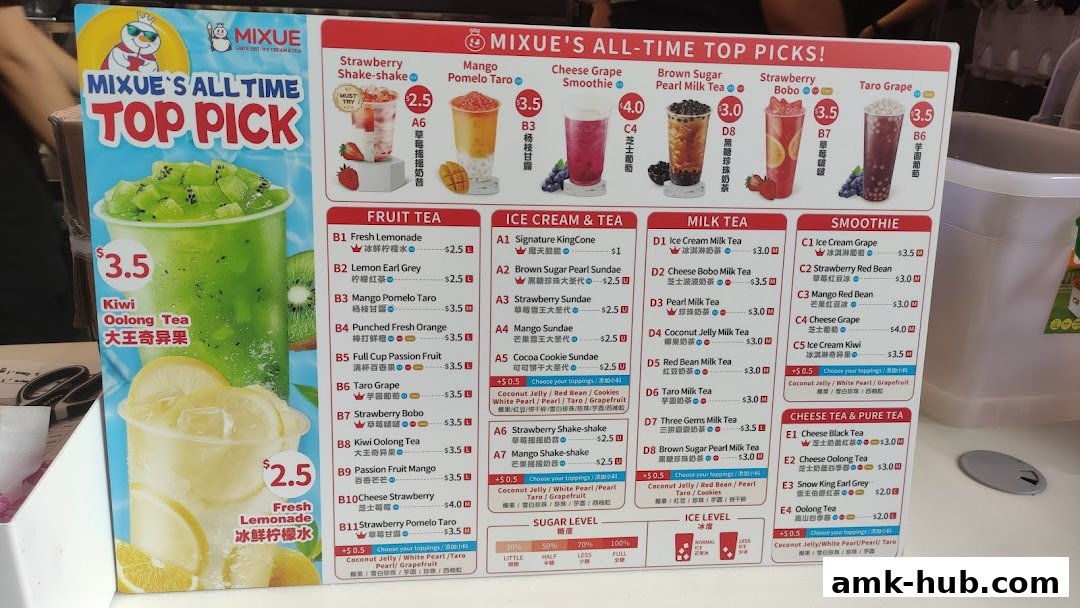 A menu board displaying various drinks from MIXUE, categorized into Fruit Tea, Ice Cream & Tea, Milk Tea, Smoothies, and Cheese Tea.