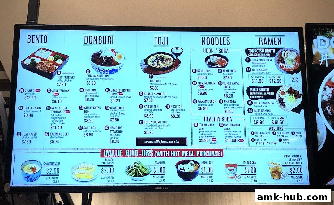 A digital menu board displaying various Japanese dishes like Bento, Donburi, Toji, Noodles, and Ramen.