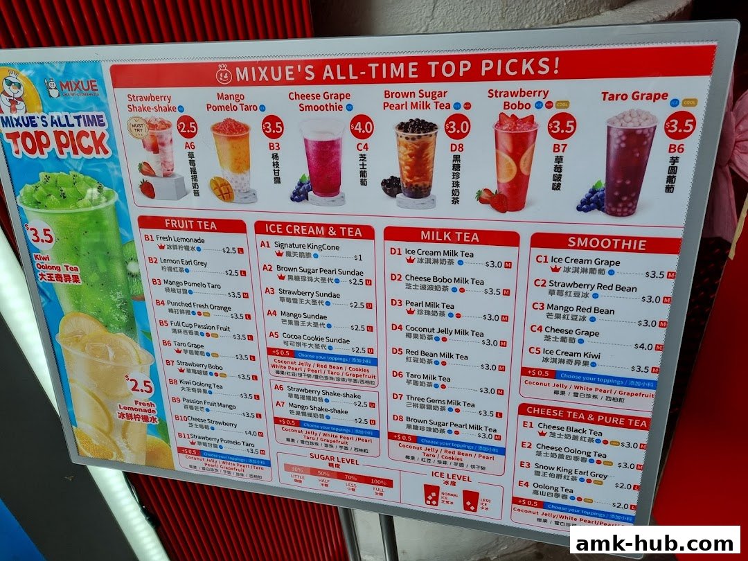 A colorful menu board displaying various drinks from MIXUE, including milk teas, smoothies, and fruit teas.