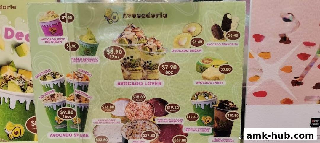 A menu board displaying various avocado-based desserts and drinks from Avocadoria.
