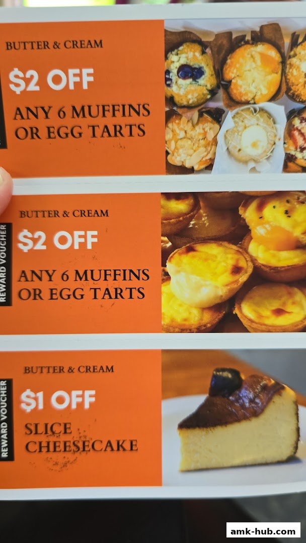 Vouchers offering discounts on muffins, egg tarts, and cheesecake from Butter & Cream.