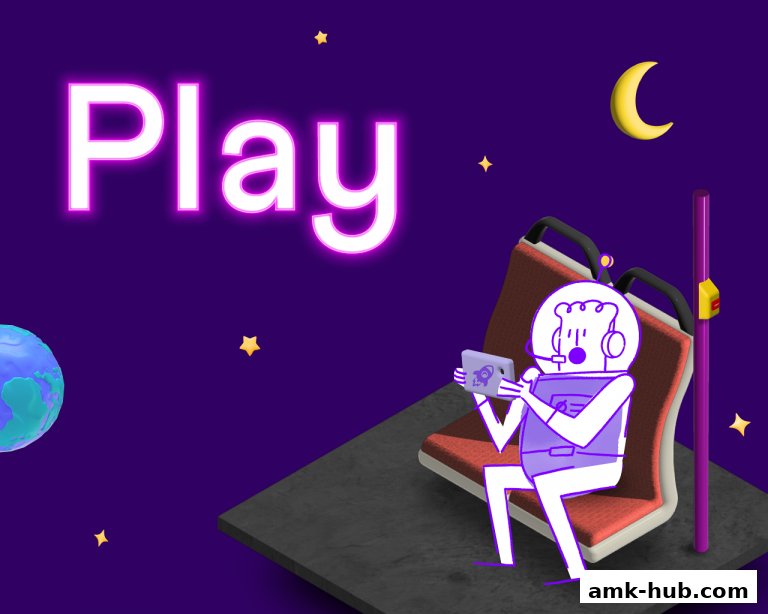 A cartoon astronaut sits on a bus seat playing a game on a phone, with the word 'Play' in neon letters.