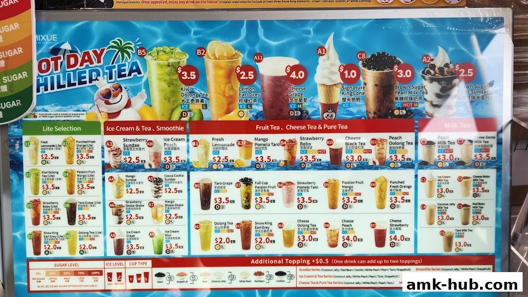 A colorful menu board displaying various ice cream, tea, and smoothie options with prices.