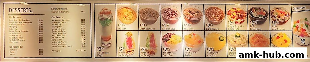 A menu board displaying various desserts with images and prices.