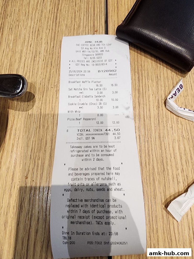 A receipt from The Coffee Bean and Tea Leaf showing purchased items and total cost.