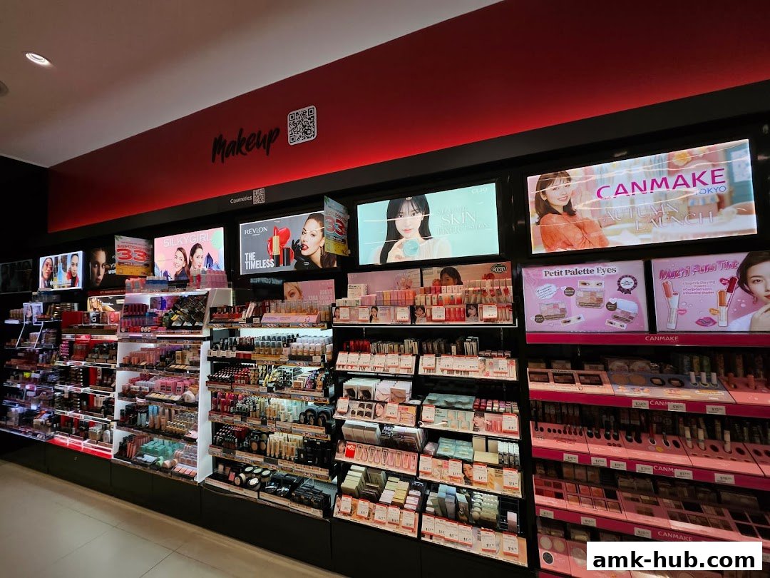 A wide display of makeup products and cosmetic brands on shelves, with illuminated advertising screens above.