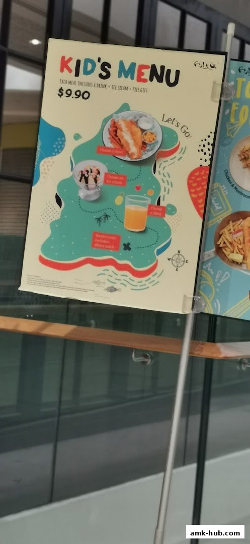 A colorful menu for kids featuring a meal with fish and chips, ice cream, and a drink.