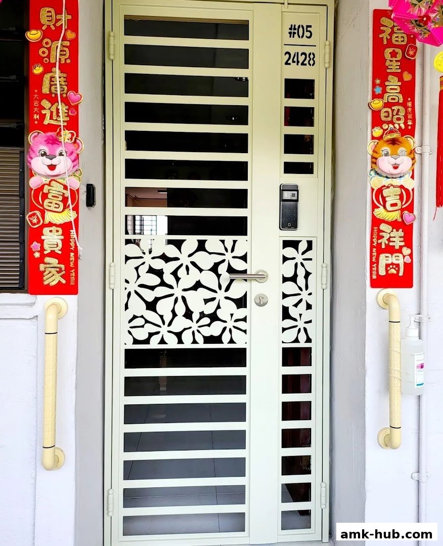 A modern digital lock door with festive Chinese New Year decorations and grab bars.