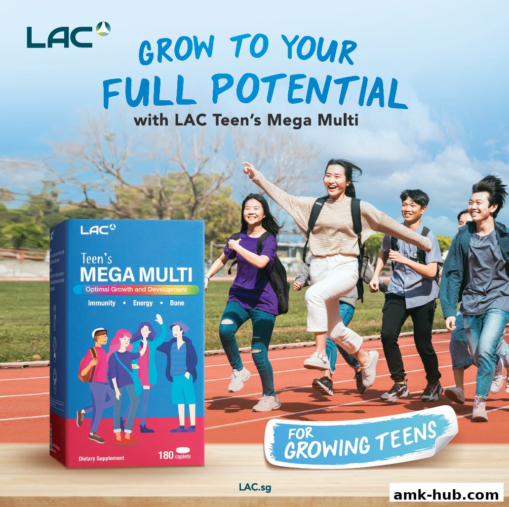 A box of LAC Teen's Mega Multi supplements with happy teens running on a track.