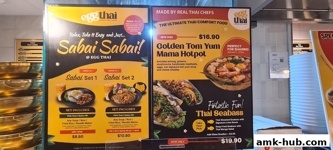 Promotional posters for Thai comfort food dishes like Sabai Sets, Golden Tom Yum Mama Hotpot, and Thai Seabass.