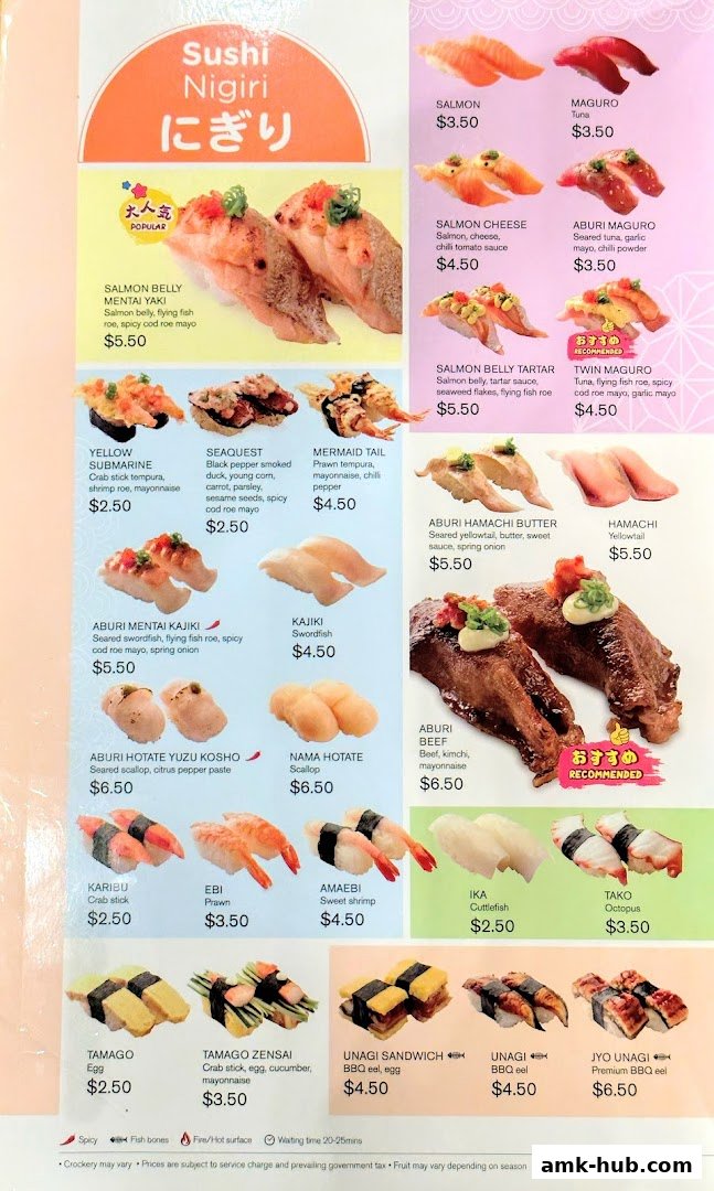 A menu showcasing various types of sushi nigiri with colorful images and prices.
