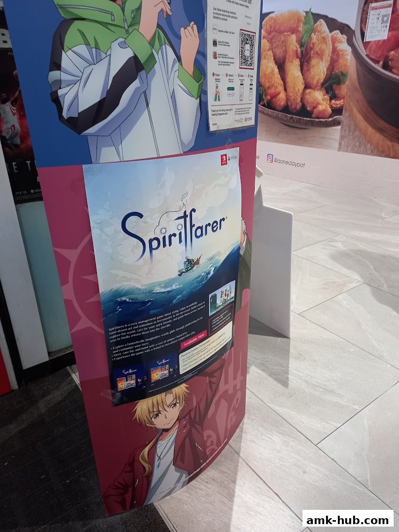 Promotional standee for the game Spiritfarer with anime-style characters and game art.