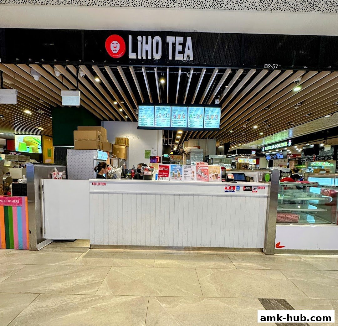 The LiHO TEA shop front with a counter, menu boards, and staff serving customers.