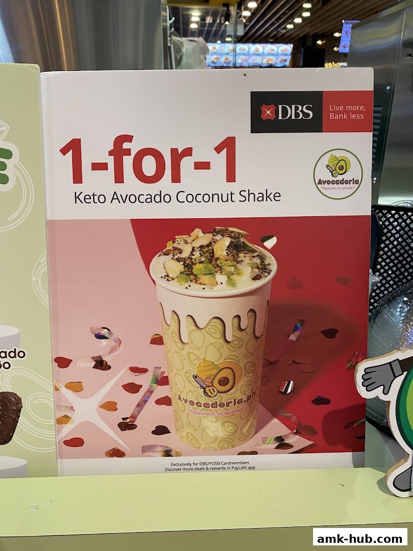 A promotional poster for Avocadoria's 1-for-1 Keto Avocado Coconut Shake.