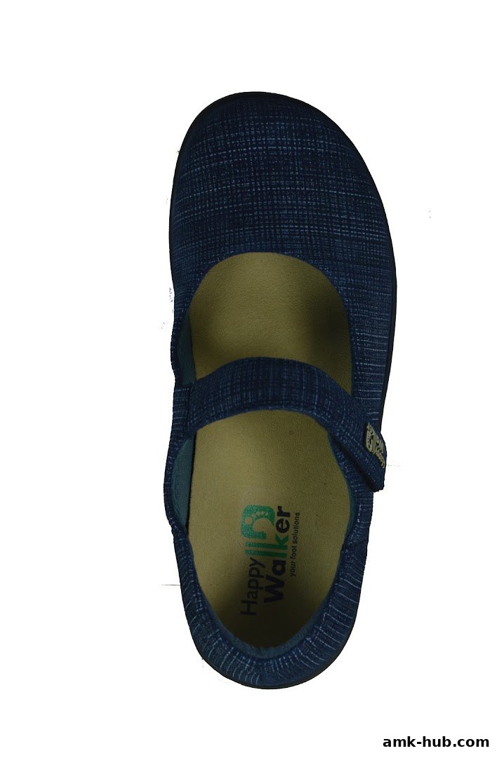 A top-down view of a blue checkered Mary Jane shoe with a velcro strap.