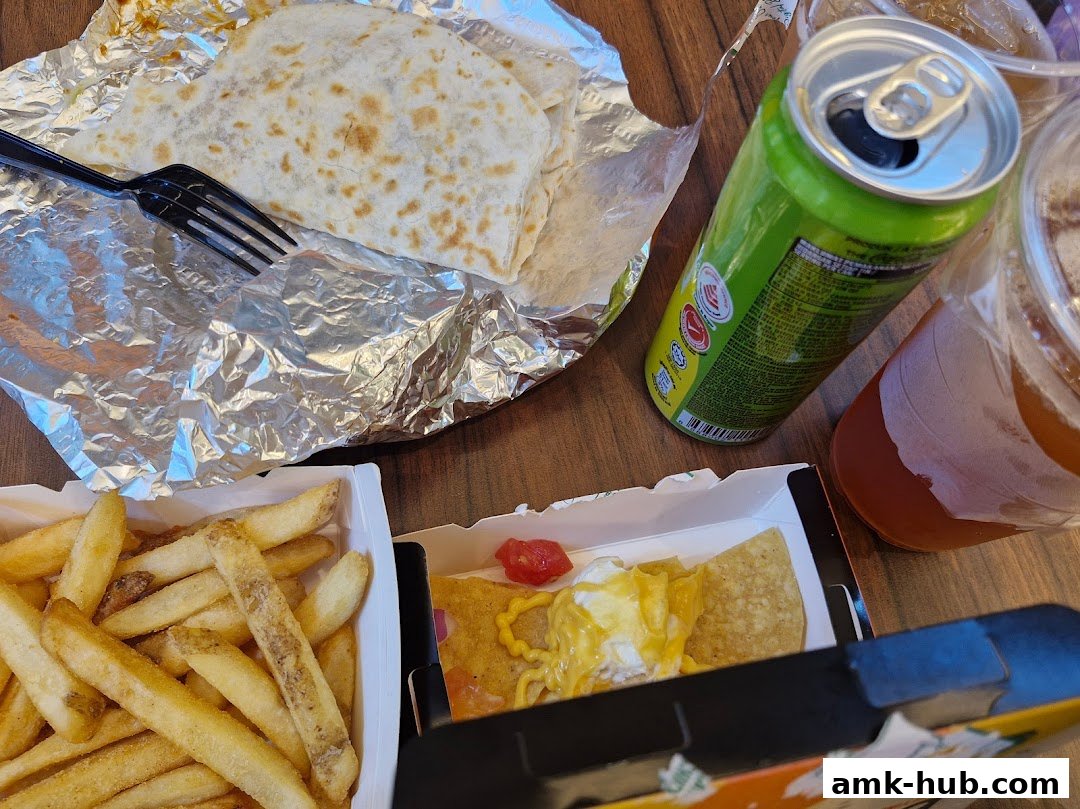 A meal from Stuffd More featuring a wrap, fries, nachos, and a canned drink.