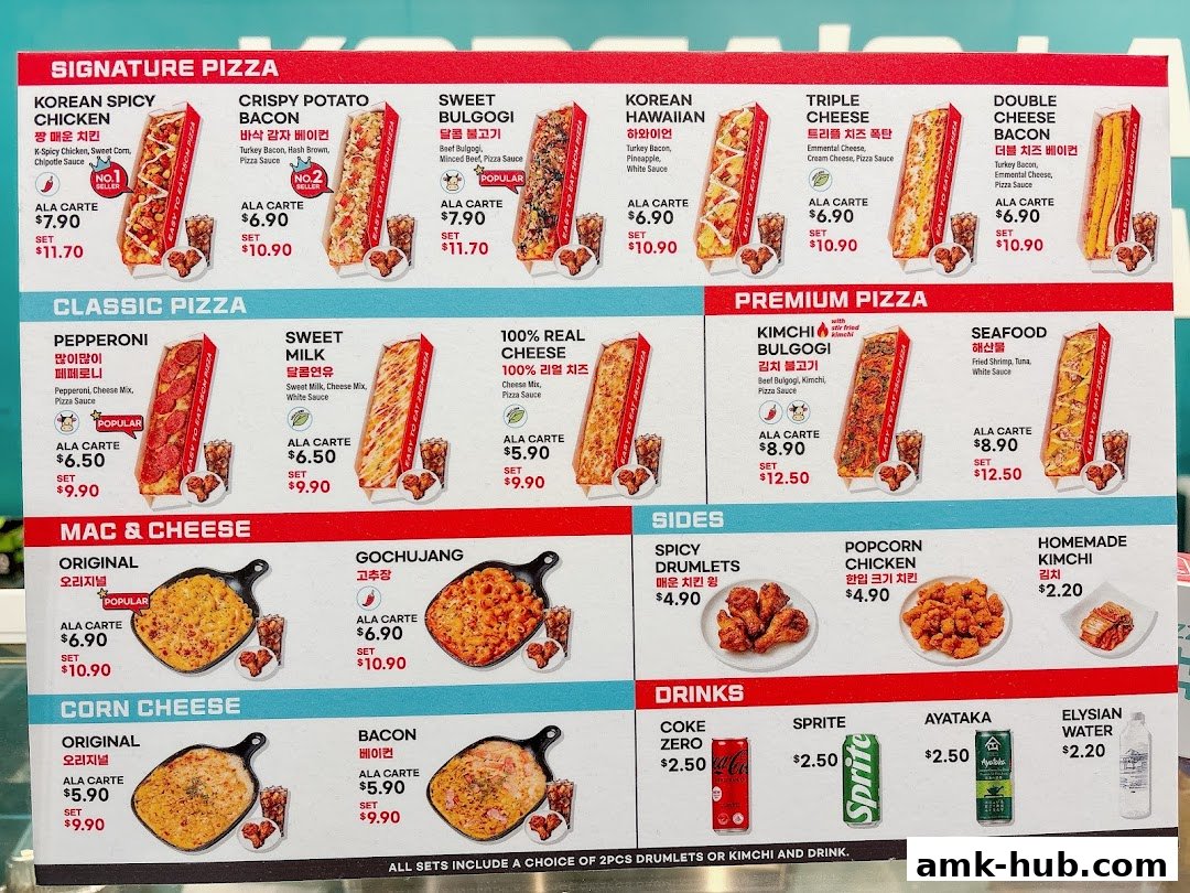 A menu board displaying various pizzas, mac & cheese, sides, and drinks with prices.