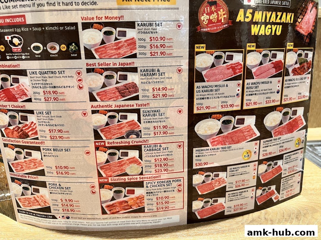 A menu for Yakiniku Like featuring various sets of beef, pork, and chicken.