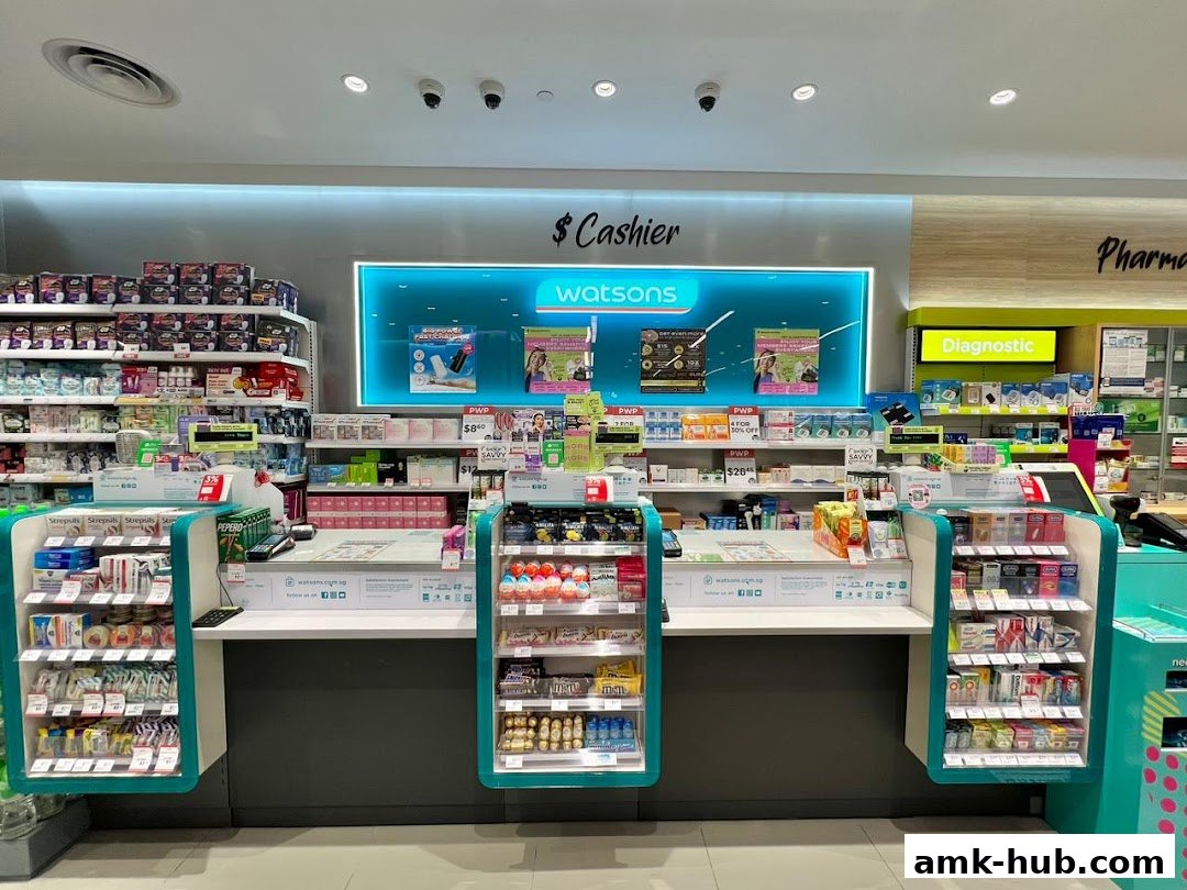 Interior view of a Watsons pharmacy with a cashier counter and shelves stocked with health and beauty products.