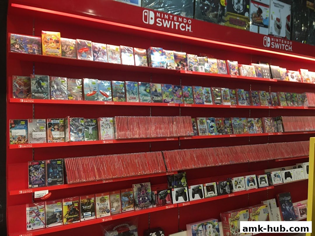Shelves stocked with Nintendo Switch games and accessories in a retail store.