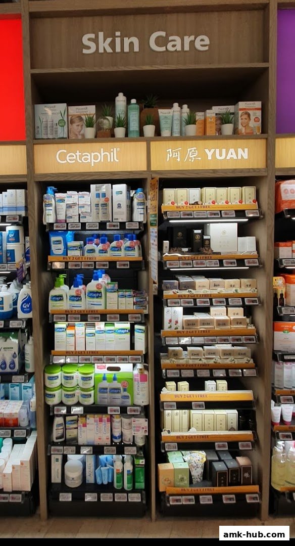 Shelves stocked with various skin care products, including Cetaphil and Yuan brands.