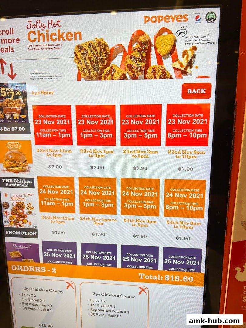A digital menu displaying Popeyes' Jolly Hot Chicken and other meal options with collection dates and times.