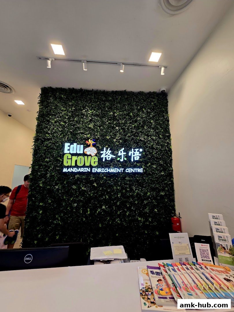 The reception area of EduGrove Mandarin Enrichment Centre with a green wall and logo.