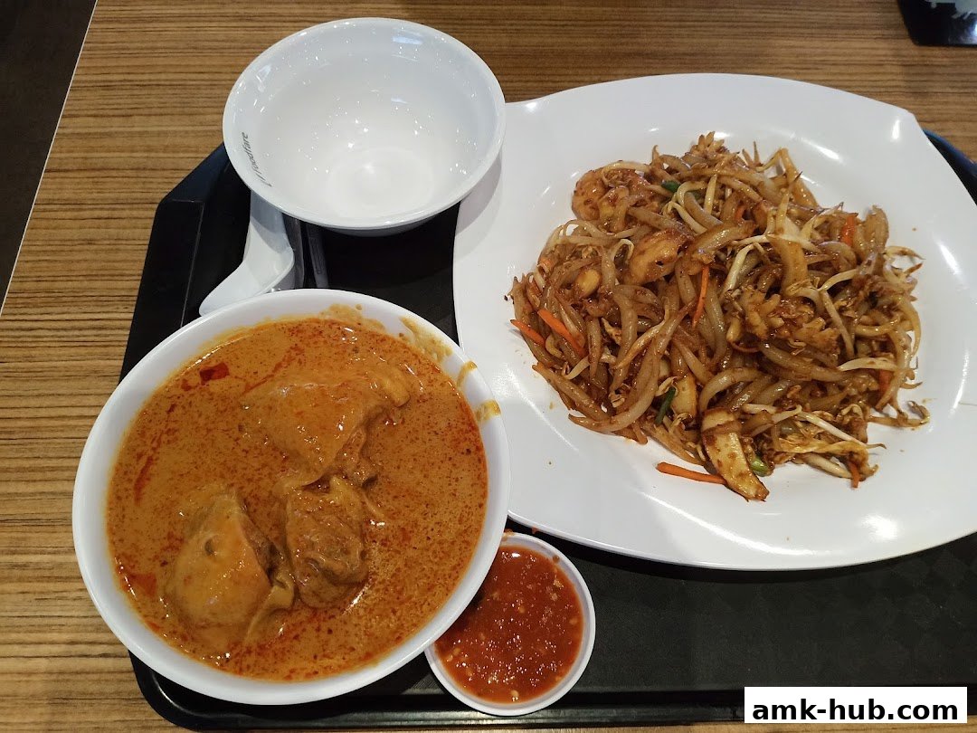 A tray with a bowl of curry chicken, a plate of stir-fried noodles, and a small bowl of chili sauce.