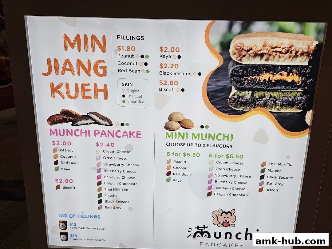 A menu board for Munchi Pancakes, showcasing various pancake flavors and fillings.