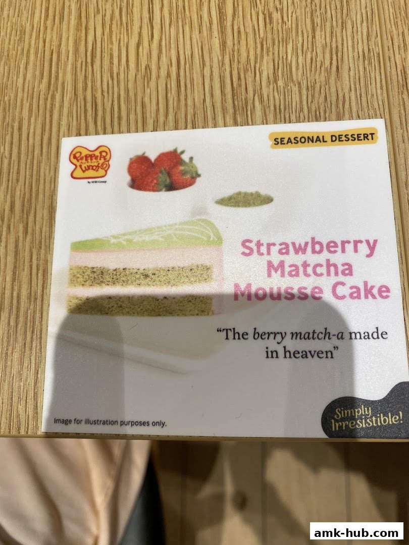 A seasonal dessert promotion for Strawberry Matcha Mousse Cake from Pepper Lunch.