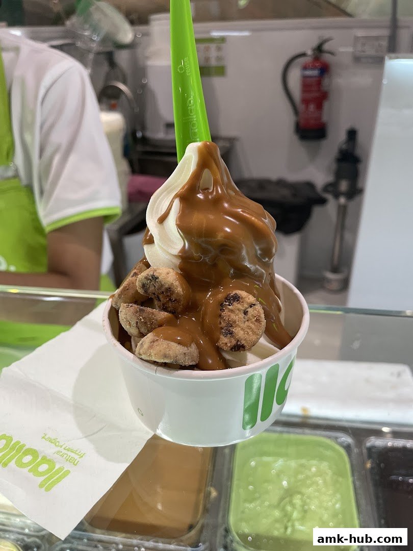 A cup of llaollao frozen yogurt topped with caramel sauce and cookie pieces.
