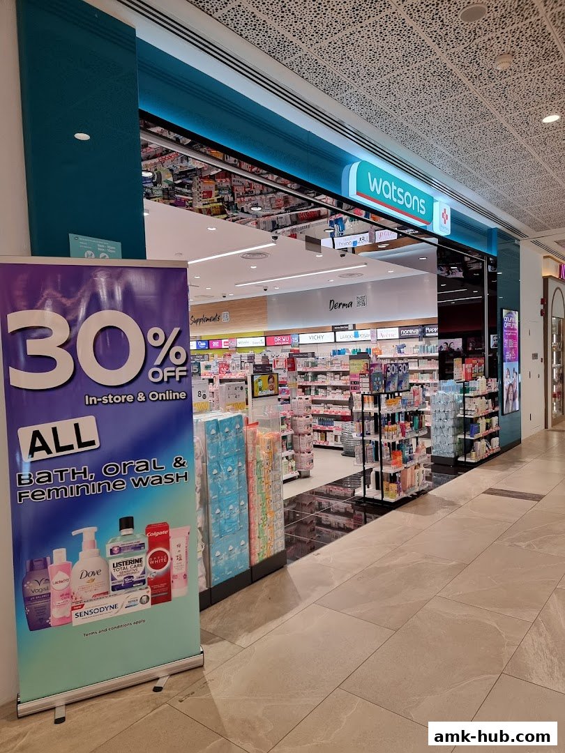 Watsons store front with a 30% off sale banner for bath, oral, and feminine wash products.