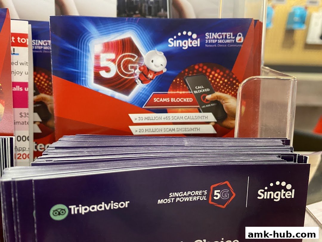 Promotional materials for Singtel's 5G services, highlighting scam protection.