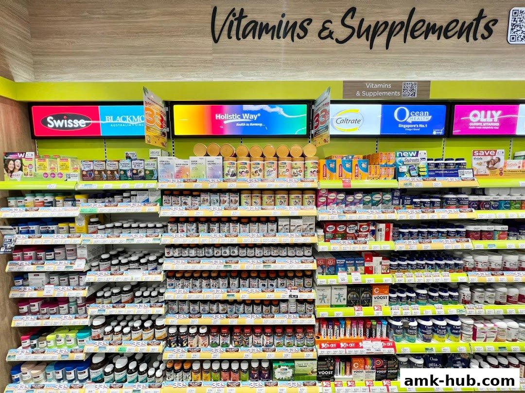 A wide selection of vitamins and supplements displayed on shelves in a retail store.