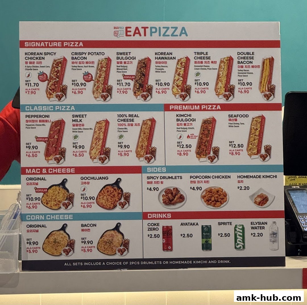 A menu board for Eat Pizza, showcasing various signature, classic, premium pizzas, mac & cheese, sides, and drinks.