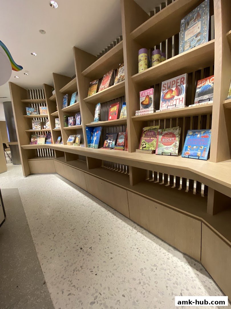 A wide shot of a modern bookstore with shelves filled with children's books.
