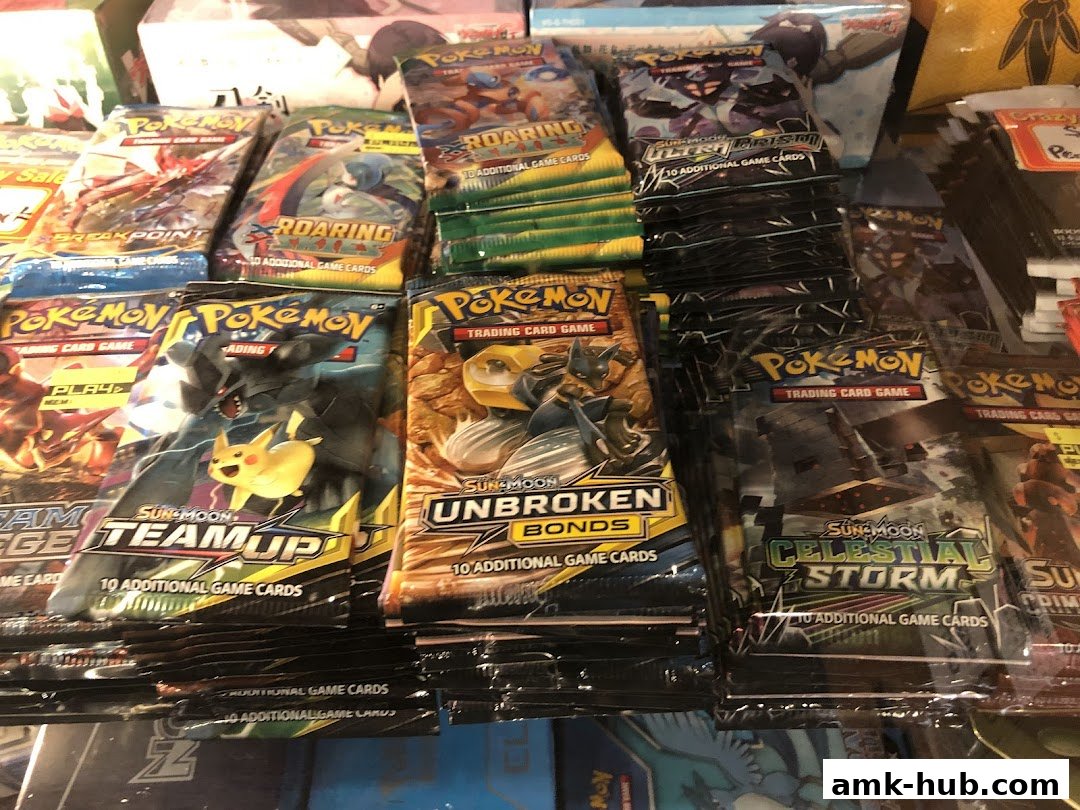 A display of various Pokémon trading card game booster packs.