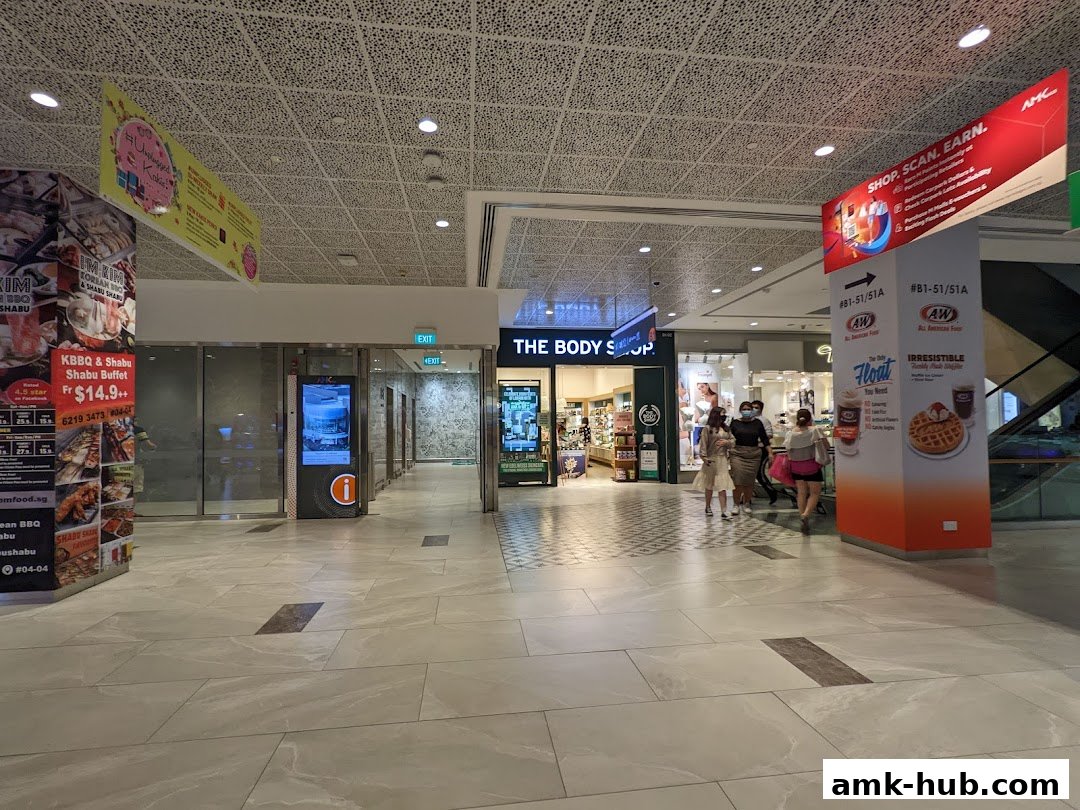 The Body Shop storefront in a mall hallway with other shops and advertisements visible.