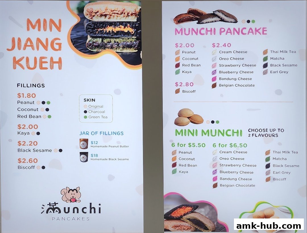 A menu board displaying various pancake fillings, sizes, and flavors from Munchi Pancakes.