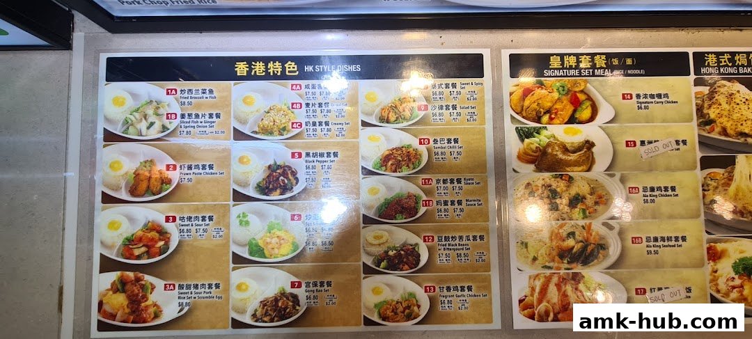 A menu board displaying various Hong Kong style dishes and signature set meals with prices.