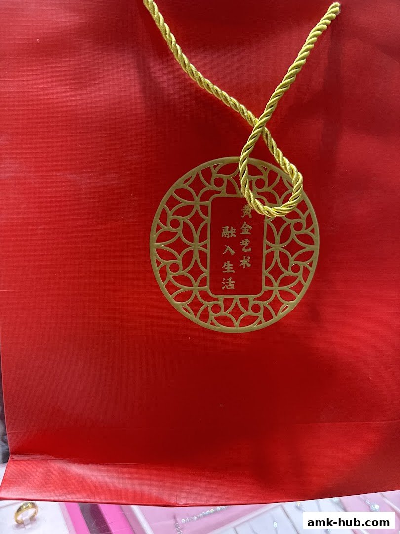 A red shopping bag with gold rope handles and a decorative gold medallion.