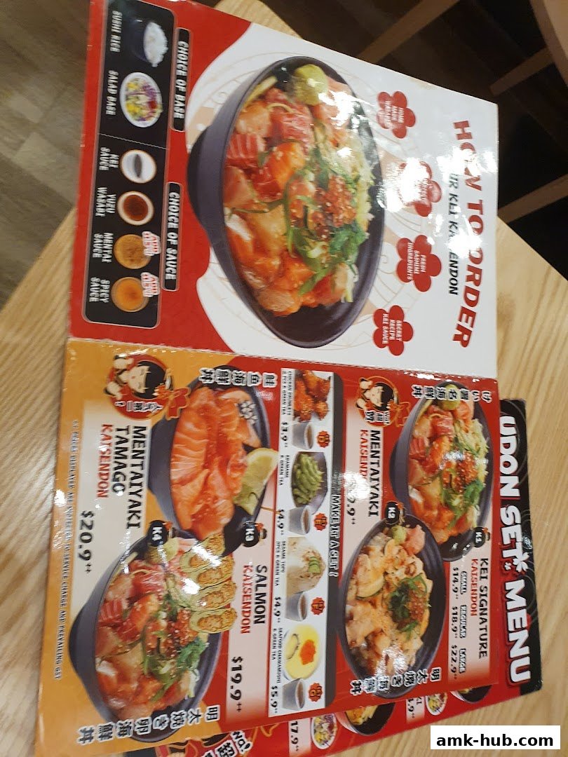 A menu from Kei Kaisendon AMK HUB showcasing various Kaisendon dishes and udon sets.