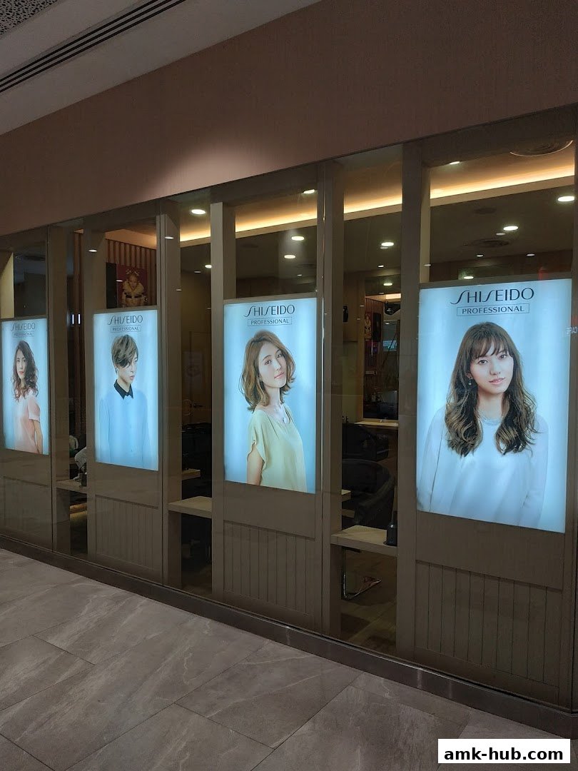 Shinka salon features illuminated displays of models with stylish hairstyles.