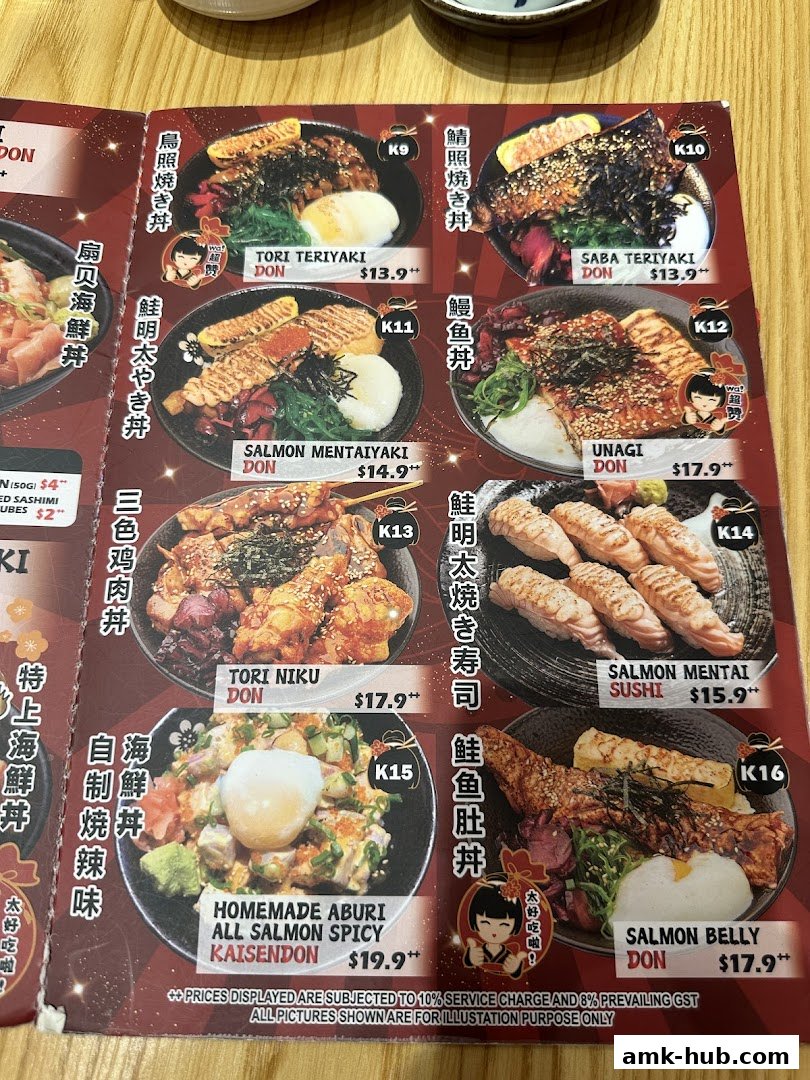 A menu featuring various Japanese Donburi and Sushi dishes with appetizing images and prices.