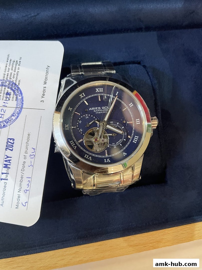A close-up shot of a luxury automatic watch with a blue dial and silver band.