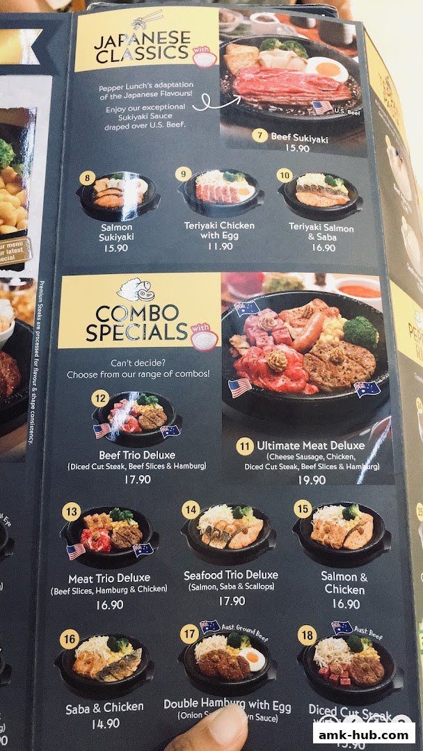 A menu from Pepper Lunch showcasing Japanese Classics and Combo Specials with various dishes and prices.