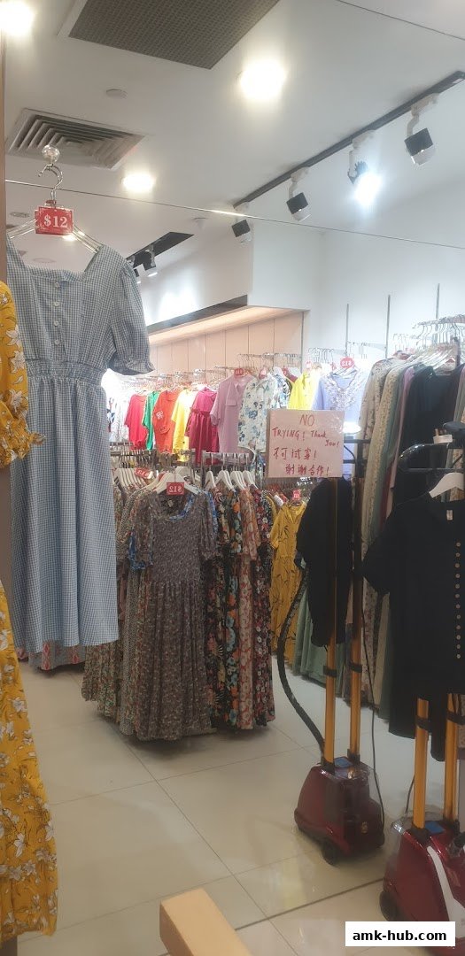 Interior view of a clothing store with racks of dresses and a sign indicating no trying.