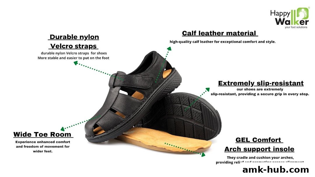 A black sandal with features highlighted, including calf leather and gel comfort insoles.